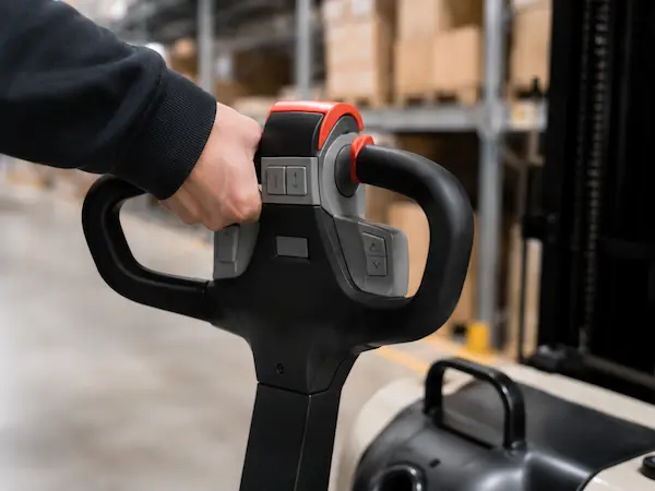 Close-up of Akuros electric stacker truck handle controls in a warehouse