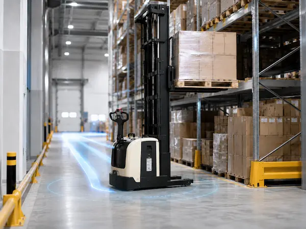 Akuros electric stacker truck handling pallets in an indoor warehouse aisle